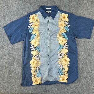 Chereskin Mens Blue‎ Silk Floral Hibiscus Short Sleeve Button Down Shirt Large